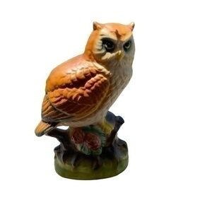 Vintage Owl Bird Sitting on a Pine Tree Ceramic Statue Figurine Made in Japan